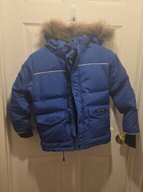 Canada Goose Bright Blue Kids Fur-Trim Hooded Down Puffer Jacket